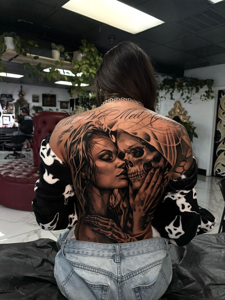 Full-back piece — woman and skull with 'Till We Meet Again' script