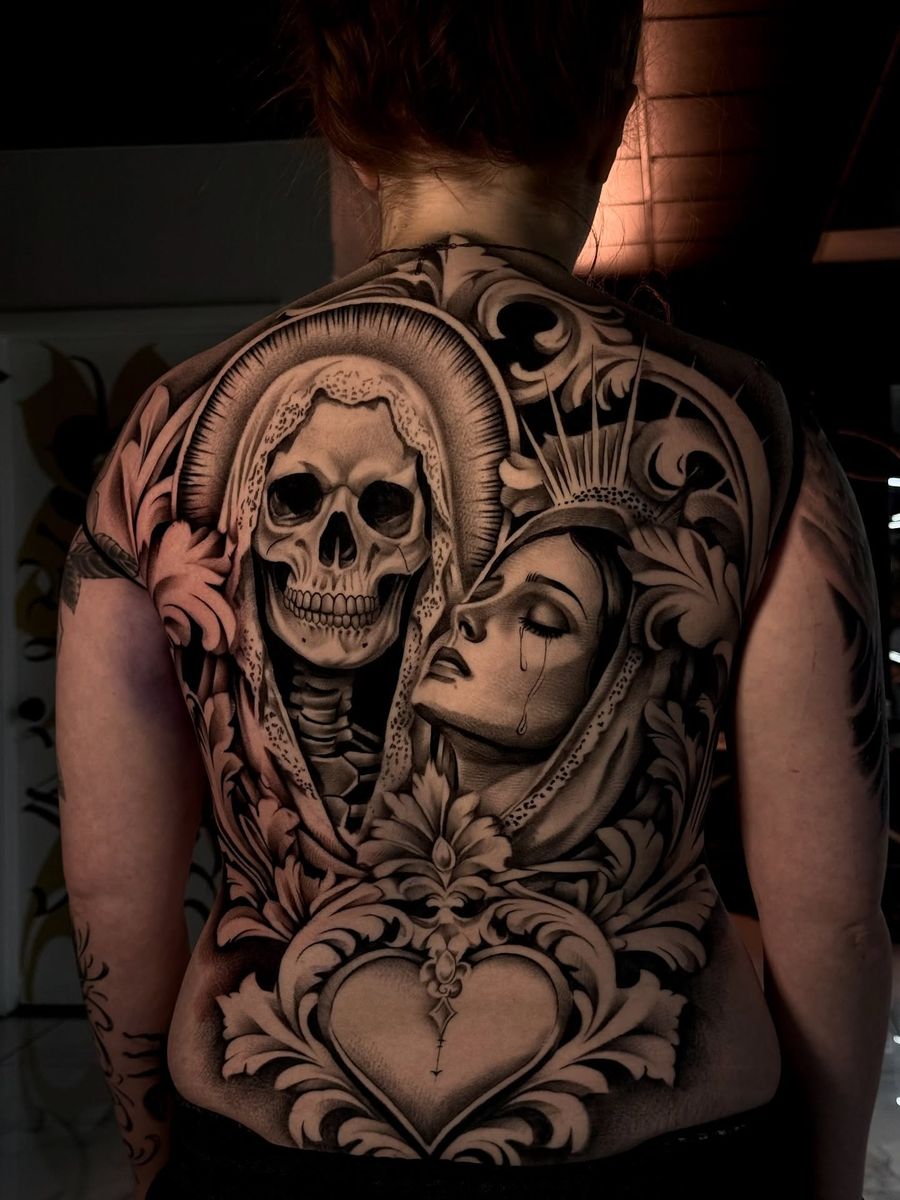 Symmetrical full-back piece — Santa Muerte, veiled woman, filigree and sacred heart